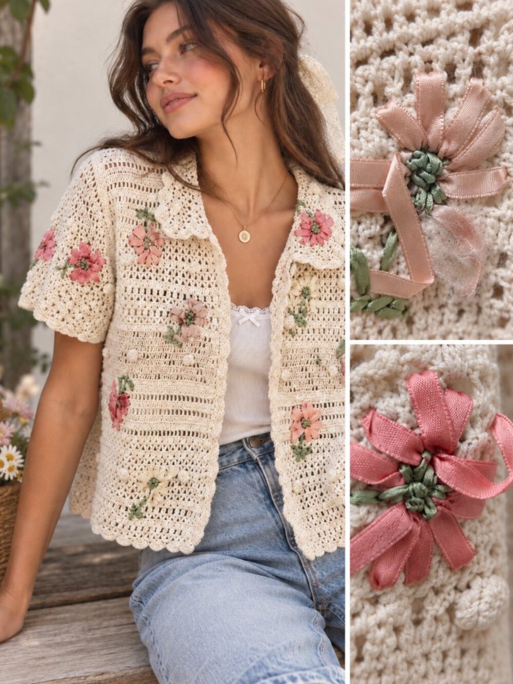 Vintage 90s Floral Crochet Cardigan Petite Open Knit Grannycore Cottagecore